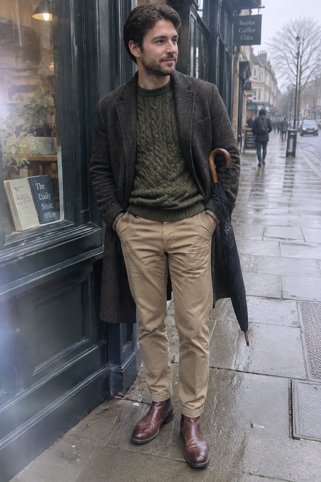 A man wearing an olive cable-knit sweater, dark tweed overcoat, beige chinos, and brown leather Chelsea boots, holding a black umbrella.