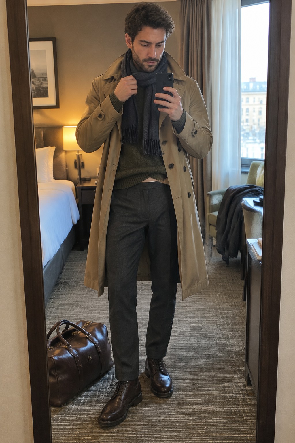 A man wearing an olive green sweater, charcoal scarf, camel double-breasted trench coat, dark gray trousers, and brown lace-up boots, with a matching leather travel bag.