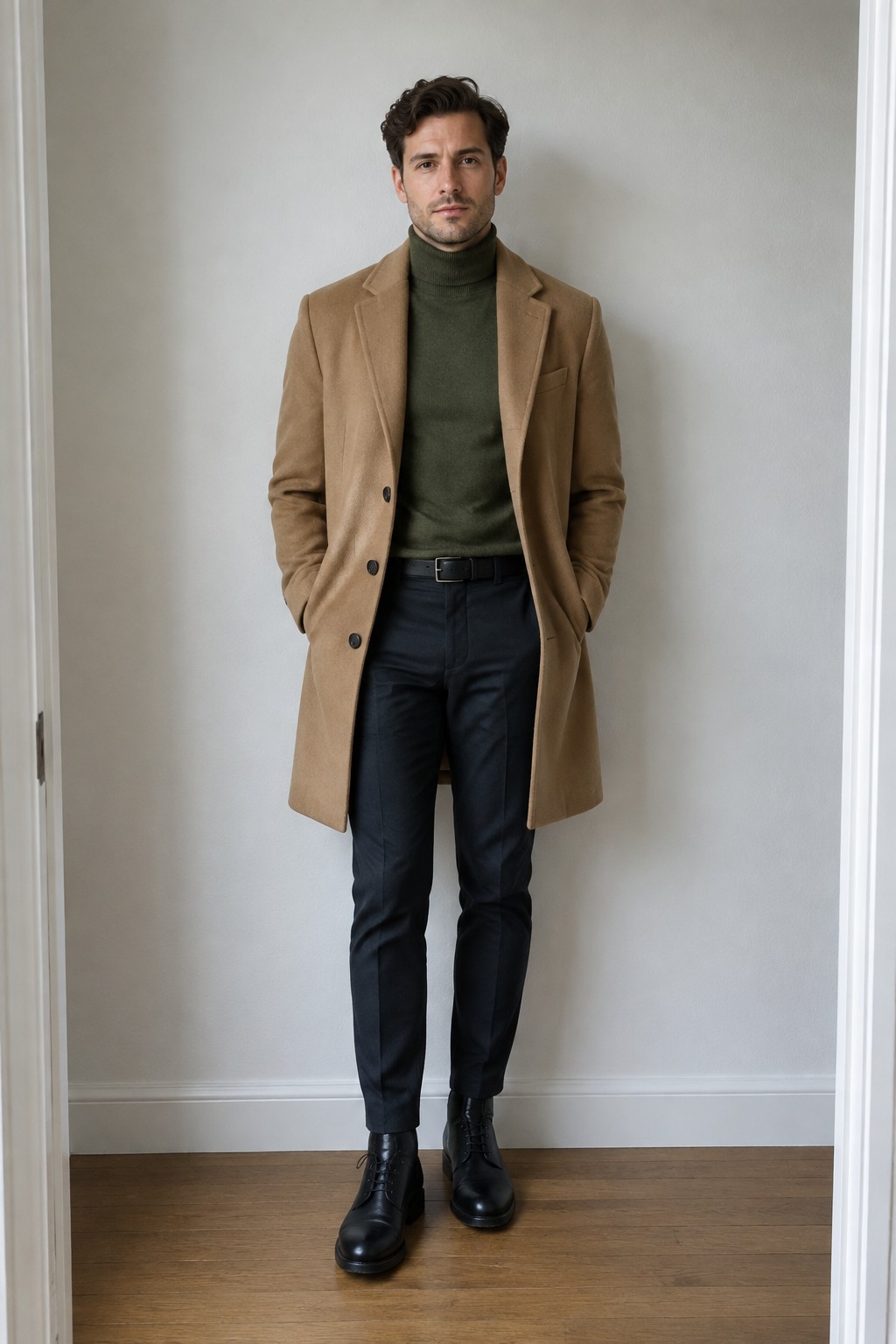 Man wearing an olive turtleneck, camel overcoat, dark tailored trousers, black belt, and black lace-up boots.