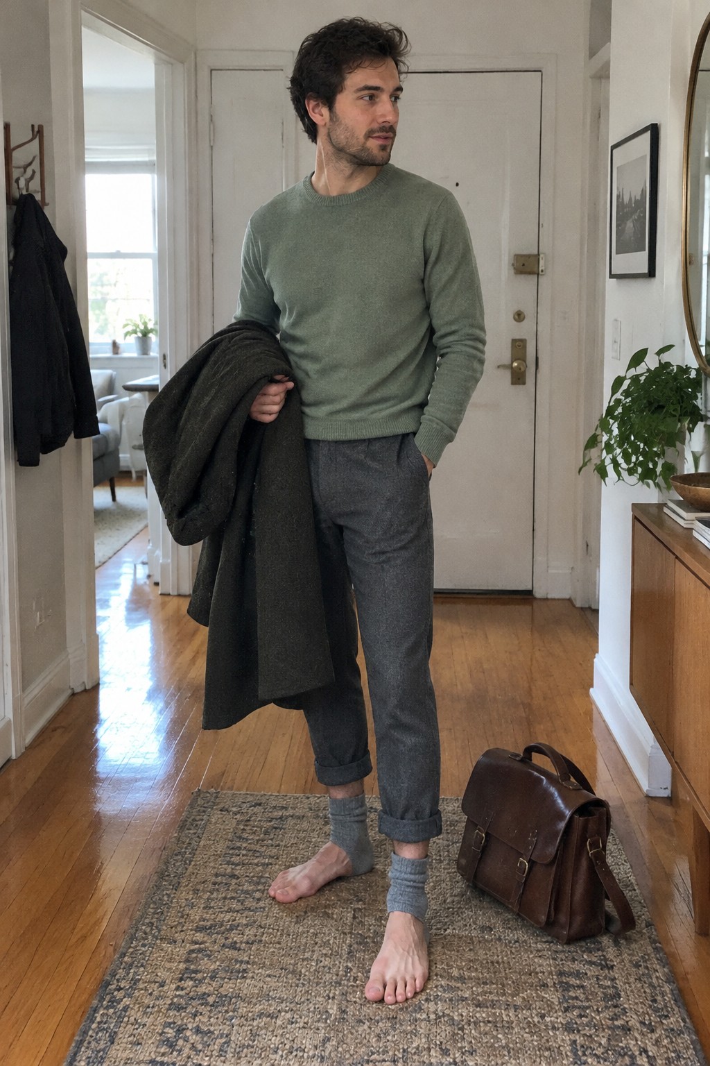 A man wears a sage green crewneck sweater, cuffed charcoal gray trousers, and gray socks while holding a dark coat and standing beside a brown leather satchel.