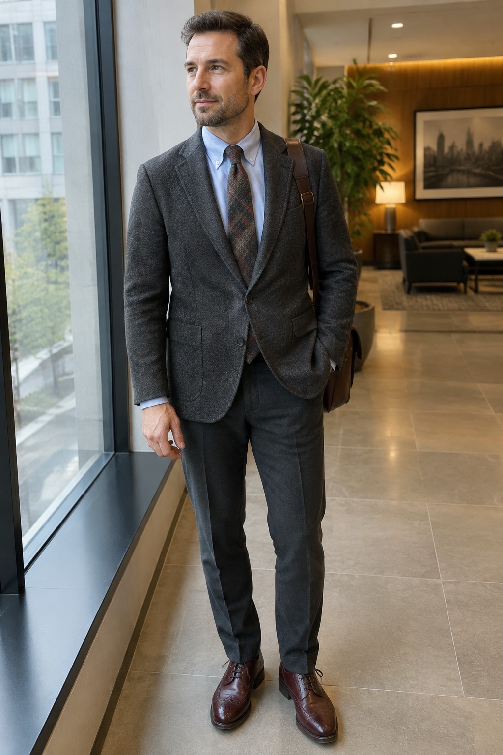 A man wears a charcoal tweed blazer and matching trousers with a light blue button-down shirt, patterned tie, brown leather brogues, and a brown shoulder bag.