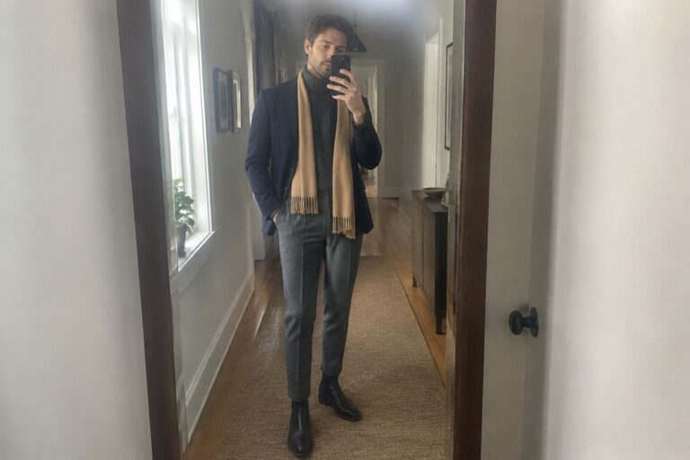 18 Ivy-Inspired Old Money Winter Outfits for Men Featuring Structured Blazers Man wearing a navy blazer over a charcoal turtleneck, a camel scarf, gray trousers, and black leather ankle boots.