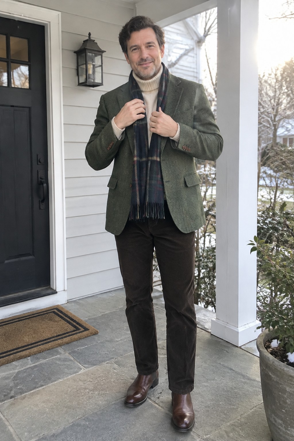 A man wearing an olive tweed blazer, cream turtleneck, dark plaid scarf, dark brown trousers, and brown leather boots.