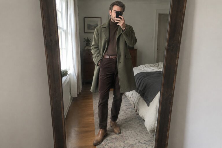18 Moss Green and Brown Men’s Winter Outfits Built Around Classic Separates A man wears a moss green wool overcoat over a brown turtleneck and dark brown corduroy trousers, finished with a brown leather belt and tan Chelsea boots.