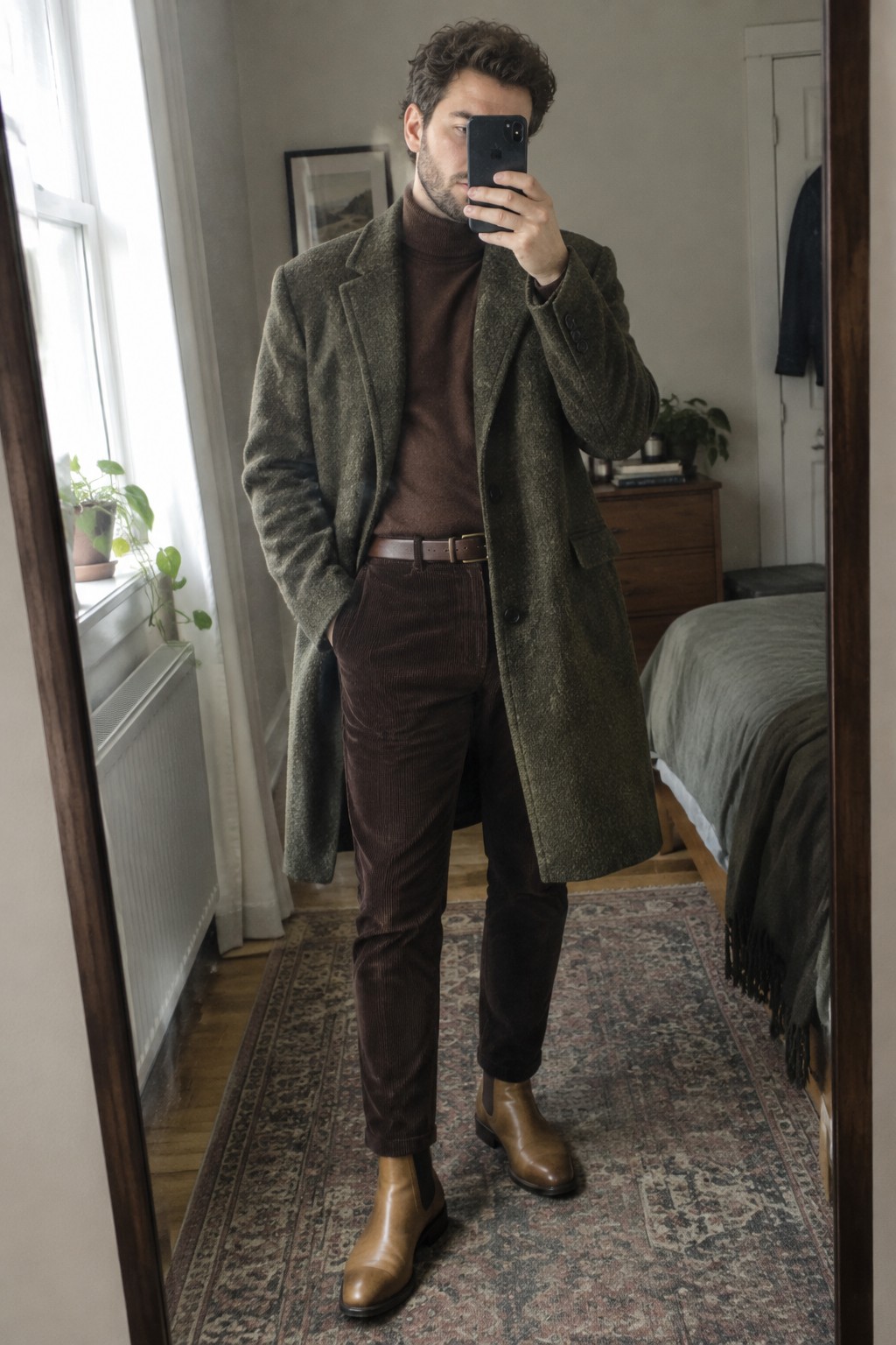 A man wears a moss green wool overcoat over a brown turtleneck and dark brown corduroy trousers, finished with a brown leather belt and tan Chelsea boots.