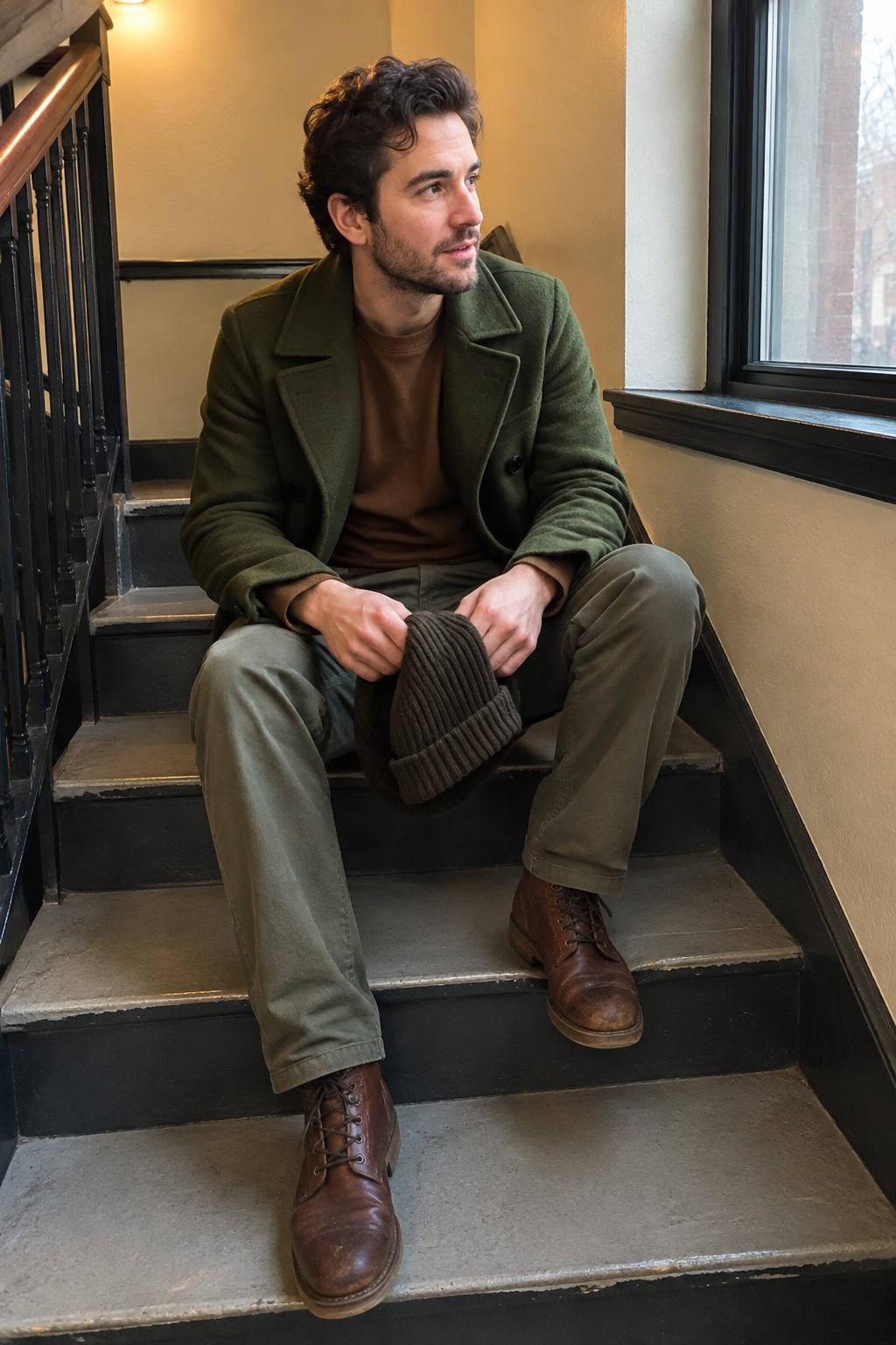 A man sitting on stairs in a moss green double-breasted coat, brown sweater, olive trousers, brown lace-up boots, and holding a ribbed brown beanie.
