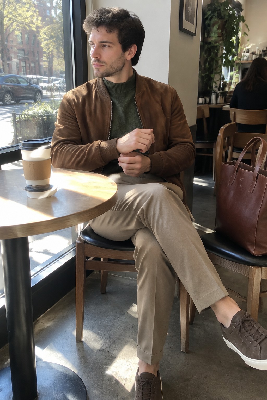 A man wearing a brown suede bomber jacket over a moss green ribbed turtleneck, beige cuffed trousers, and brown sneakers.