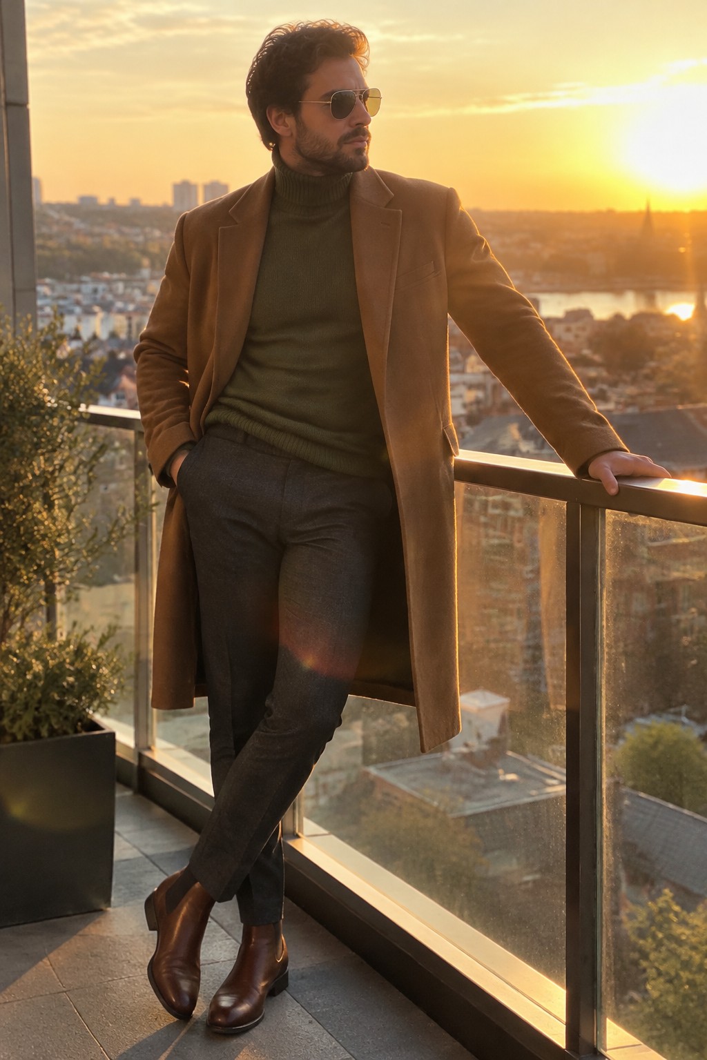 A man wears a moss green turtleneck, long camel-brown overcoat, charcoal trousers, brown leather Chelsea boots, and aviator sunglasses.