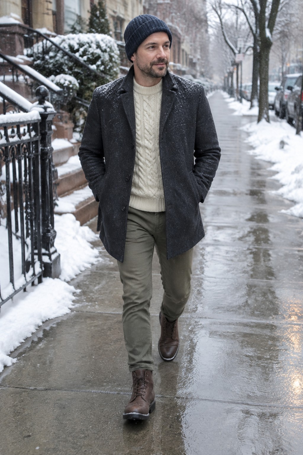 A man in a charcoal overcoat, cream cable-knit sweater, olive trousers, navy knit beanie, and brown lace-up boots.
