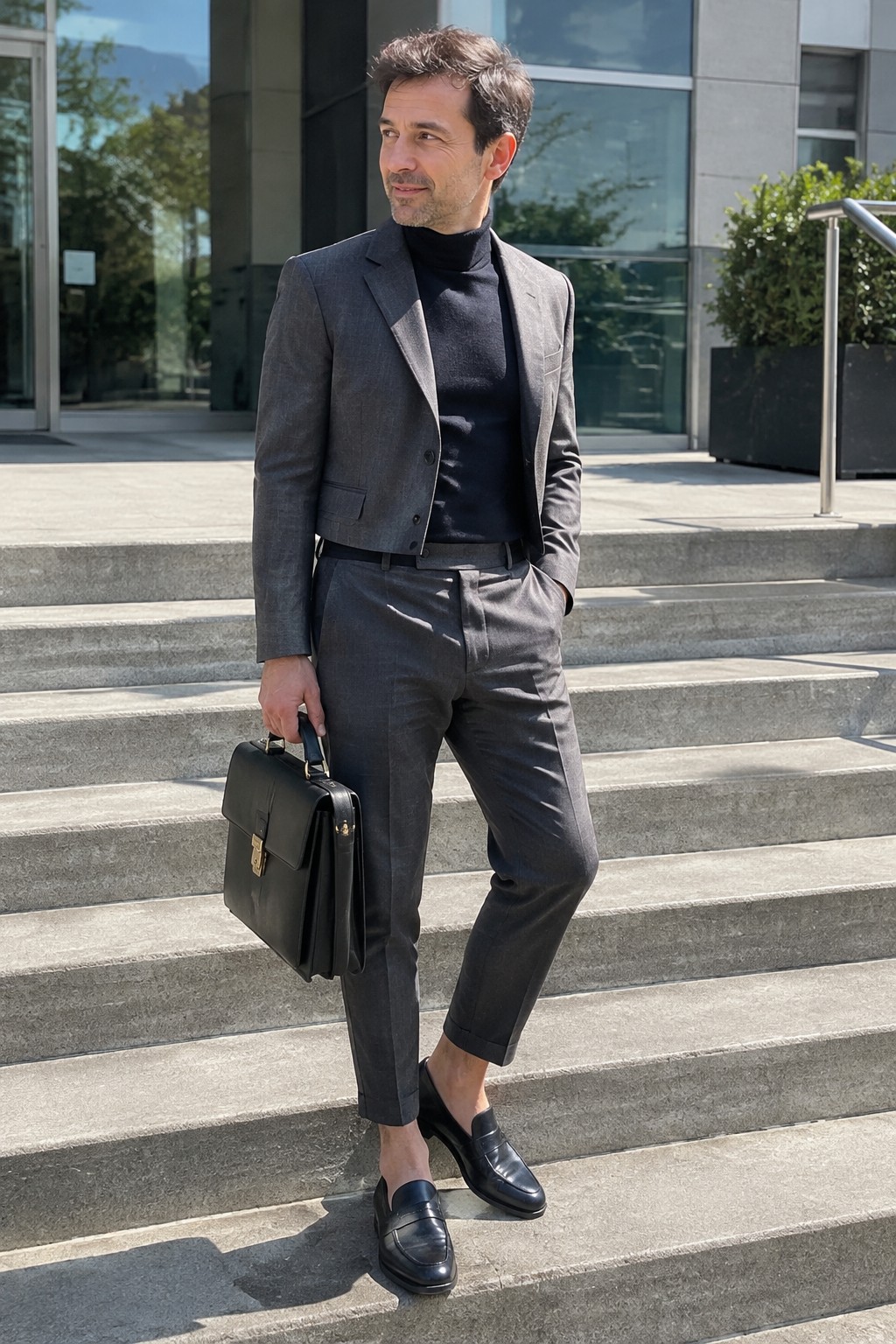 A man wearing a charcoal gray suit, black turtleneck, black loafers, and carrying a black briefcase.