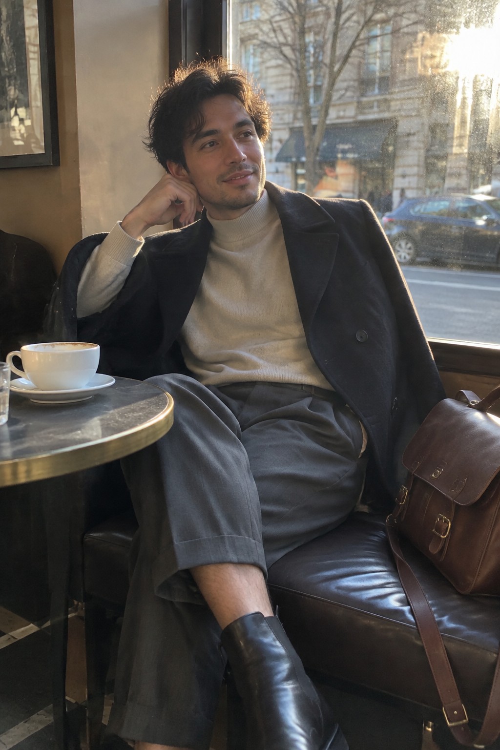 A man wears a dark overcoat over a cream turtleneck and gray cropped trousers, with black leather boots and a brown leather satchel.