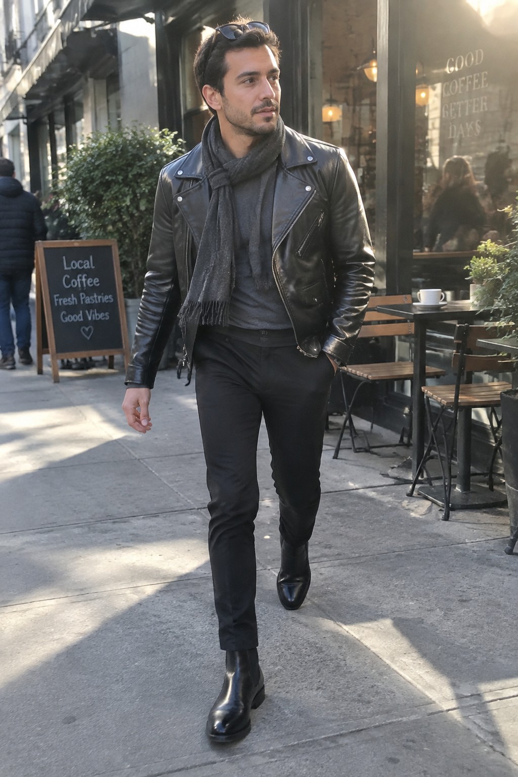 A man wearing a black leather biker jacket, charcoal sweater and scarf, slim black trousers, black ankle boots, and sunglasses.