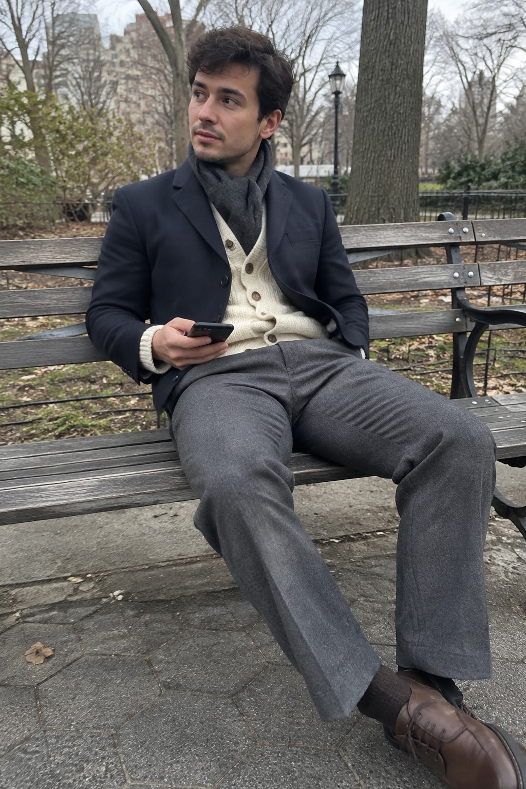 A man seated on a bench wearing a navy blazer, cream cardigan, charcoal scarf, gray trousers, and brown lace-up shoes while holding a phone.