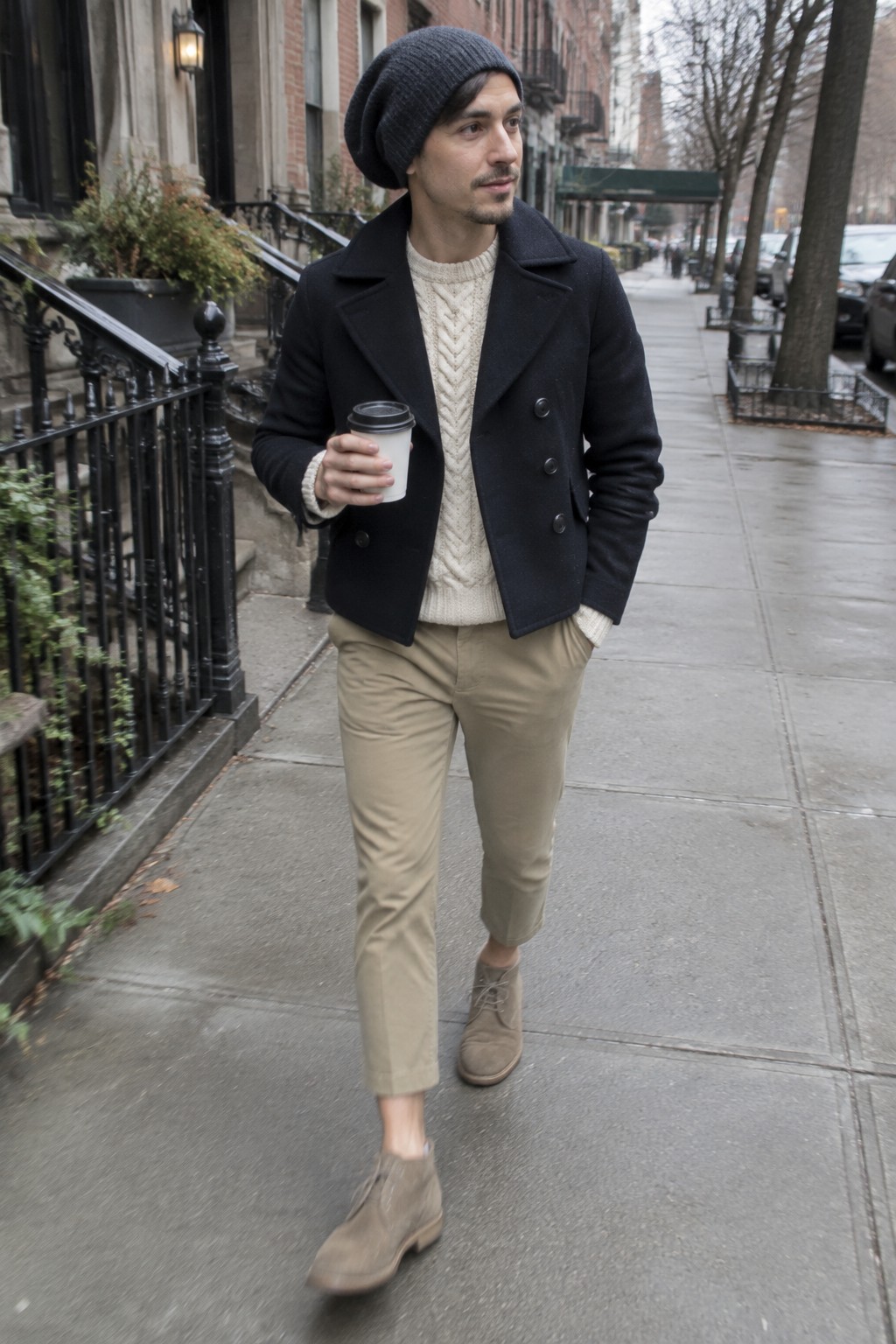 A man wearing a dark peacoat over a cream cable-knit sweater, cropped khaki trousers, a charcoal beanie, and taupe suede ankle boots while holding a takeaway cup.