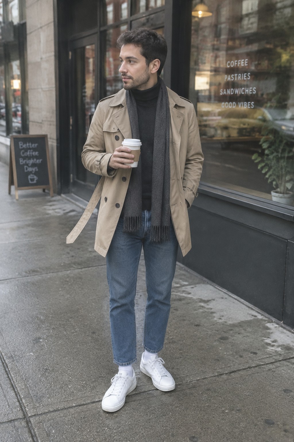 A man wearing a beige trench coat over a black turtleneck and charcoal scarf, with straight-leg blue jeans and white sneakers.