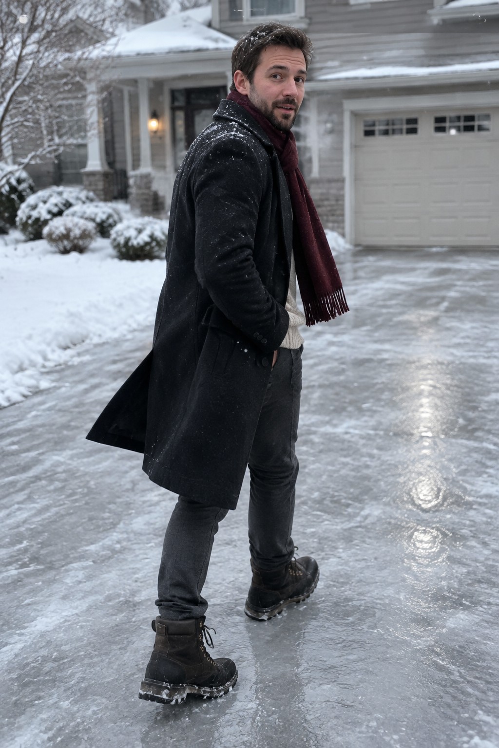 A man wearing a long black overcoat, burgundy scarf, light knit sweater, dark trousers, and black lace-up boots.