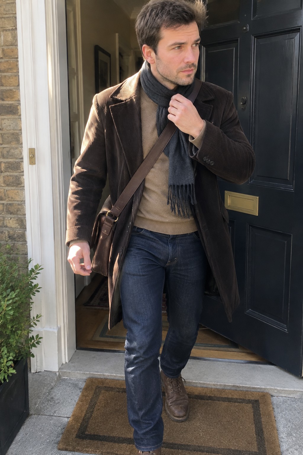 A man wearing a long brown corduroy coat over a beige sweater, charcoal scarf, dark jeans, brown lace-up boots, and a brown leather crossbody satchel.