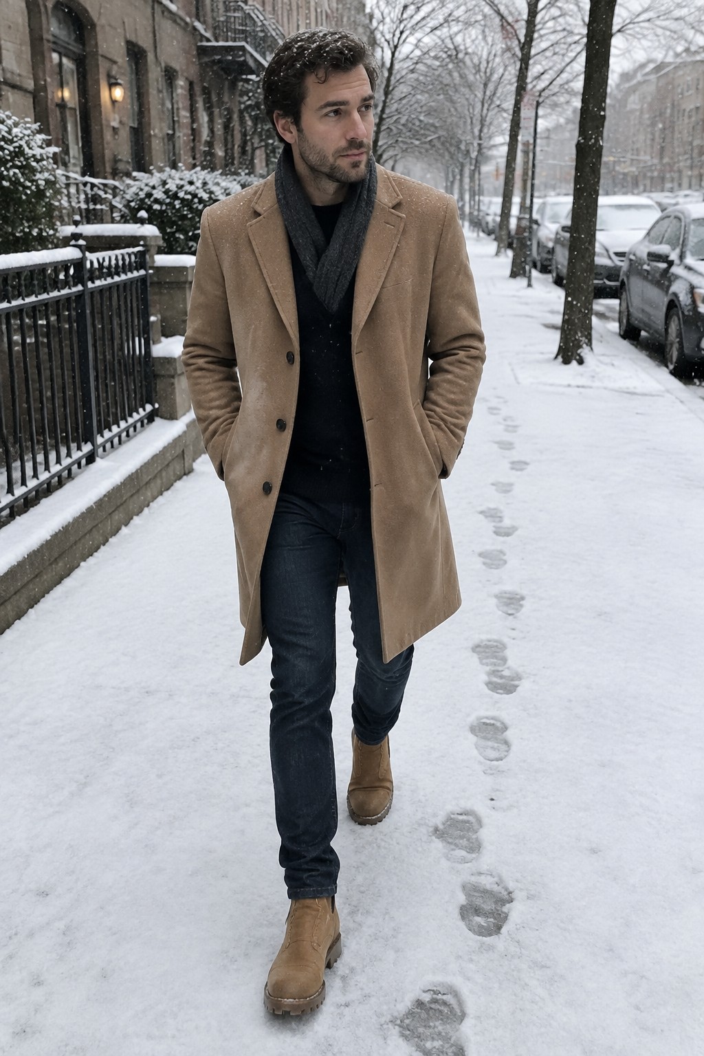 A man wears a camel overcoat over black knitwear and a charcoal scarf, with dark jeans and brown suede lace-up boots.
