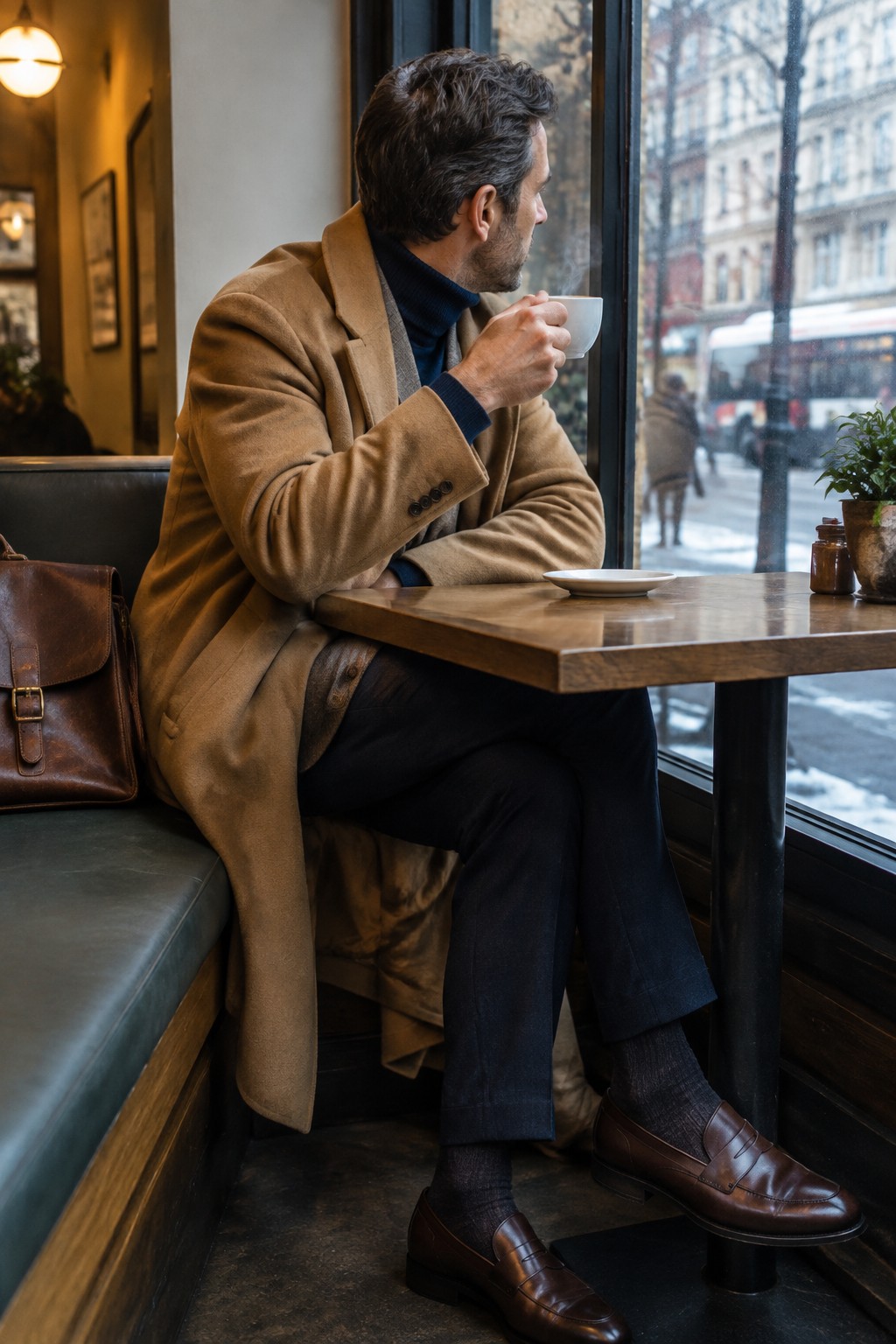 Man in a camel wool overcoat, navy turtleneck, dark trousers, charcoal socks, and brown leather loafers, holding a white cup.