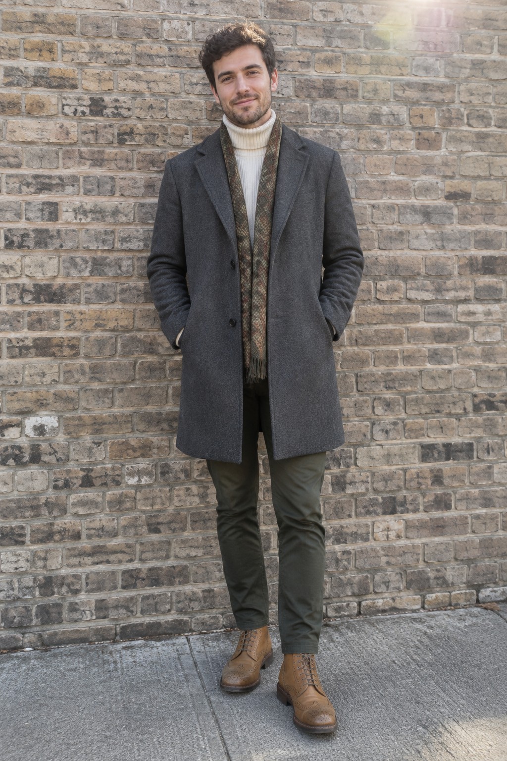 Man wearing a charcoal overcoat over a cream turtleneck and patterned brown scarf, with olive trousers and tan lace-up boots.