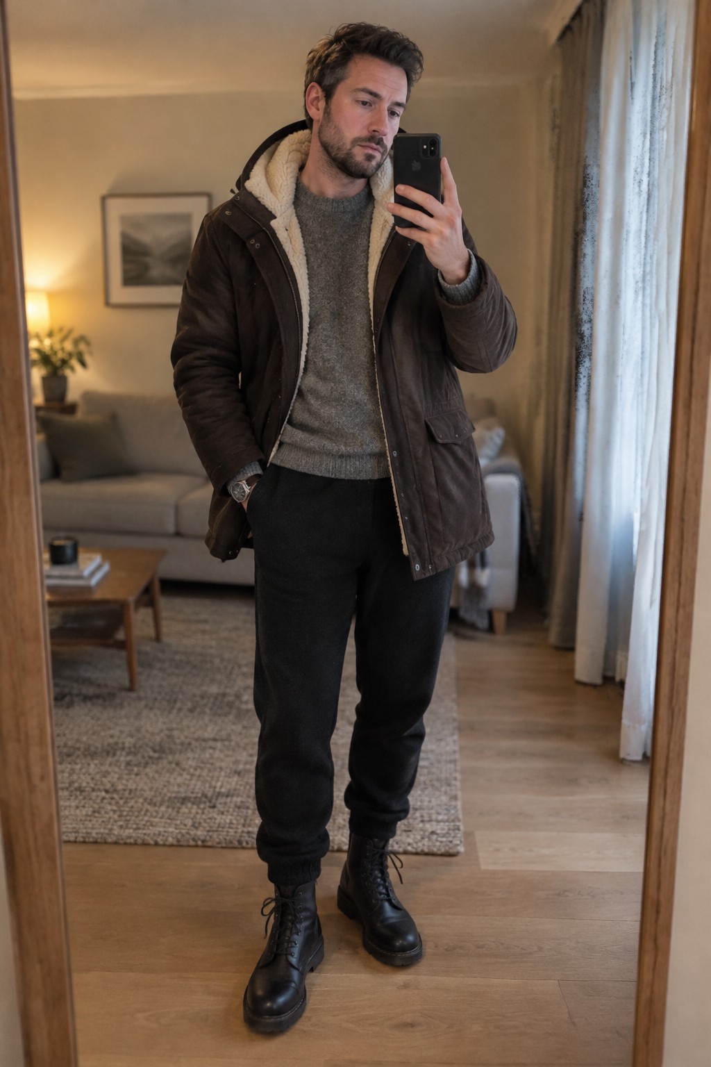 A man wears a dark brown shearling-lined jacket over a gray sweater, black jogger-style trousers, and black lace-up boots.