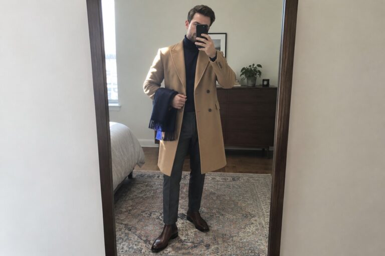 A man wears a camel double-breasted overcoat over a navy turtleneck and charcoal trousers, with brown Chelsea boots and a gray scarf.