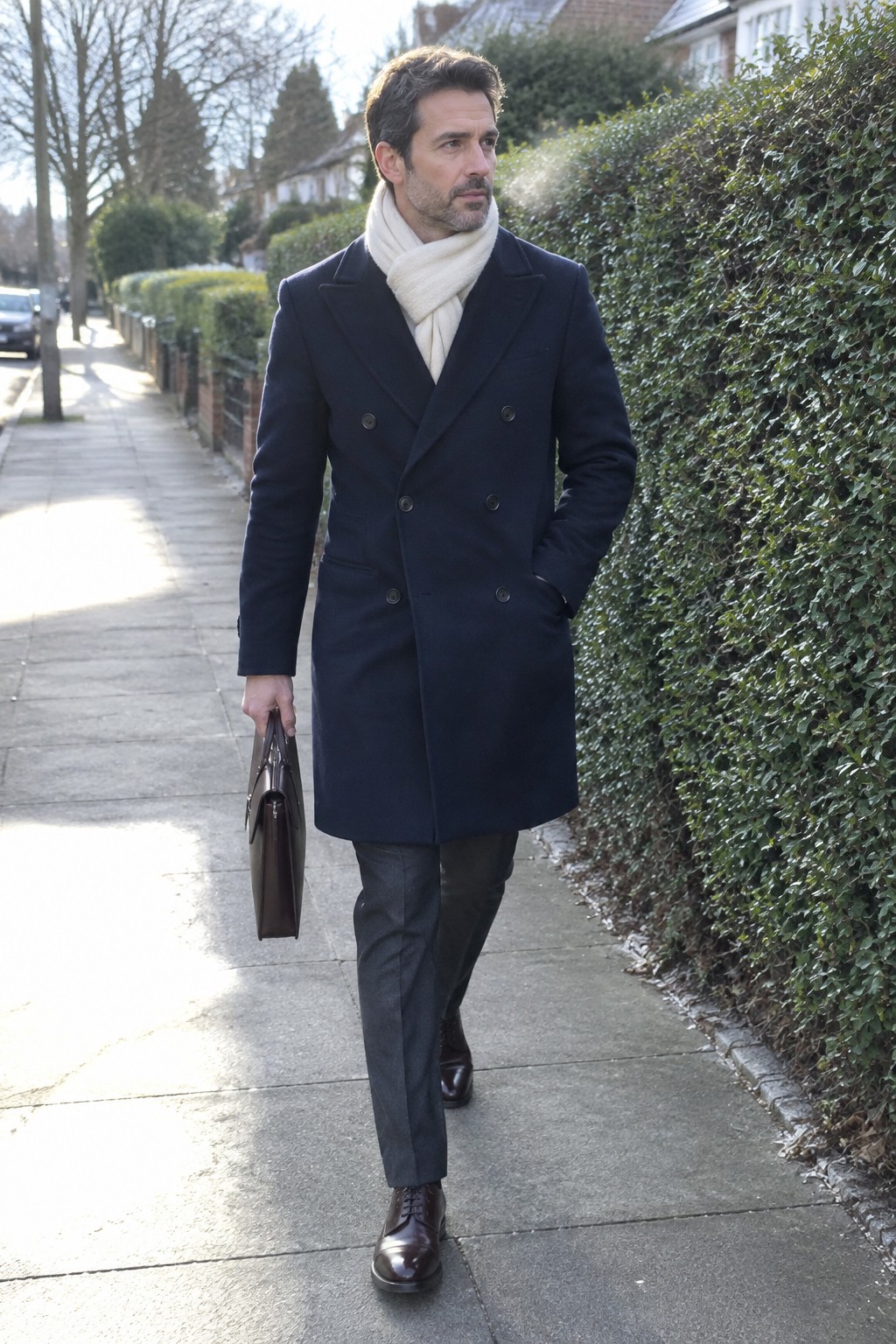 A man in a navy double-breasted wool coat, cream scarf, charcoal trousers, and dark brown leather shoes carries a brown briefcase.