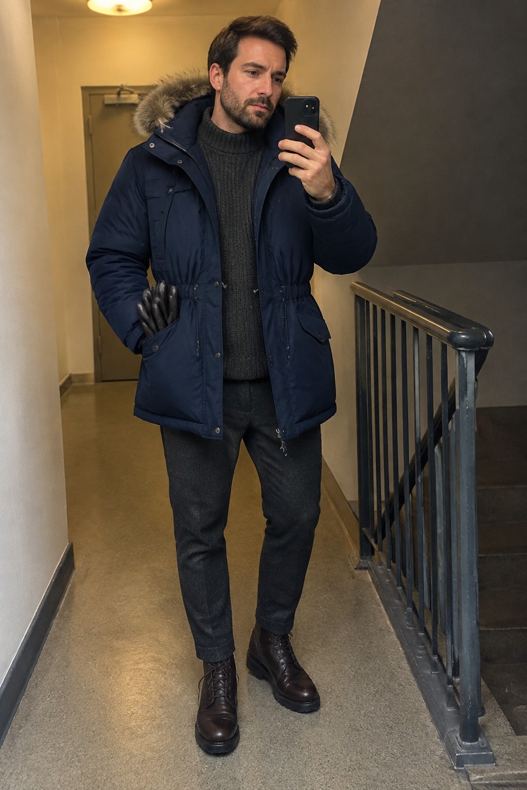 A man wearing a navy fur-trimmed parka over a charcoal turtleneck and dark trousers, with brown lace-up boots and leather gloves.