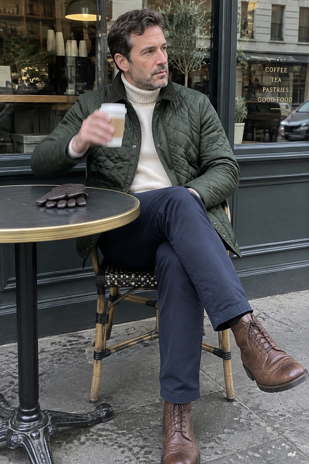 A man seated at a café table wearing a dark olive quilted jacket over a cream turtleneck, navy trousers, and brown leather lace-up boots.