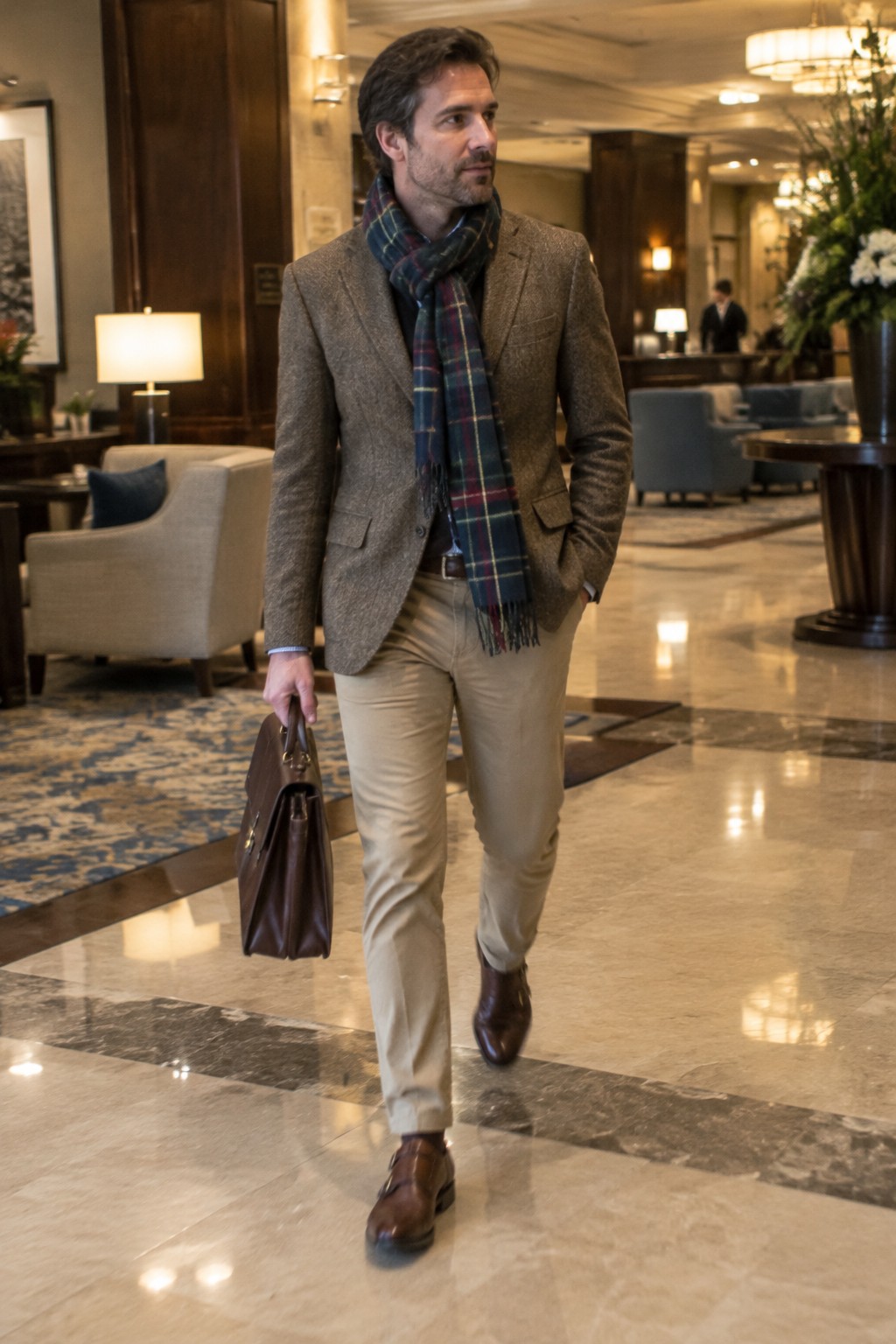 A man wearing a brown tweed blazer, light blue shirt, navy tartan scarf, beige chinos, brown leather shoes, and carrying a dark brown briefcase.