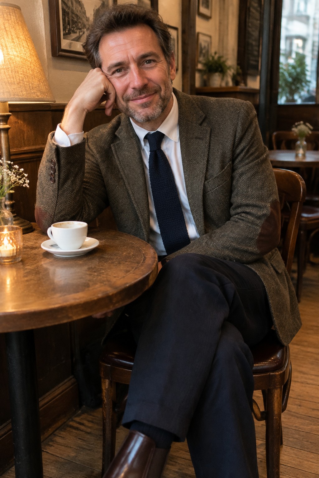 A man wearing a brown tweed blazer, white shirt, navy tie, dark navy trousers, and brown leather shoes, seated at a café table.