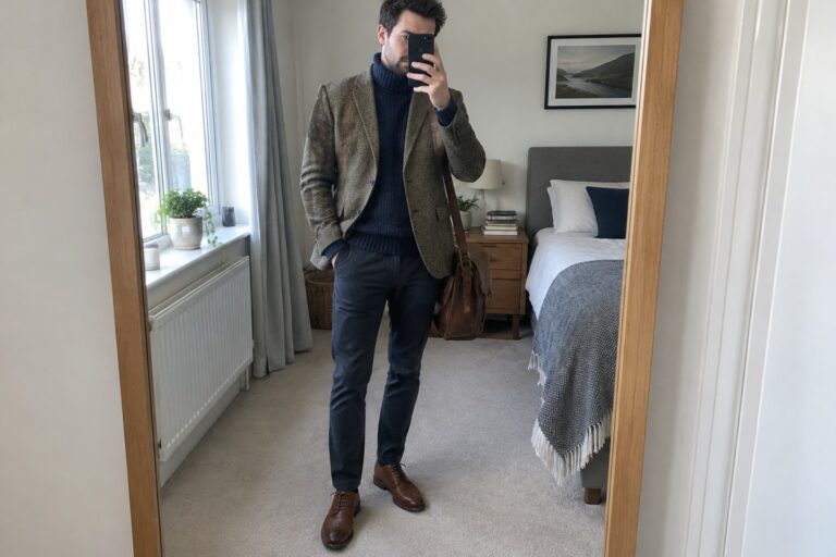 A man wears a brown patterned tweed blazer over a navy roll-neck sweater, dark trousers and brown leather brogues, with a brown leather shoulder bag.