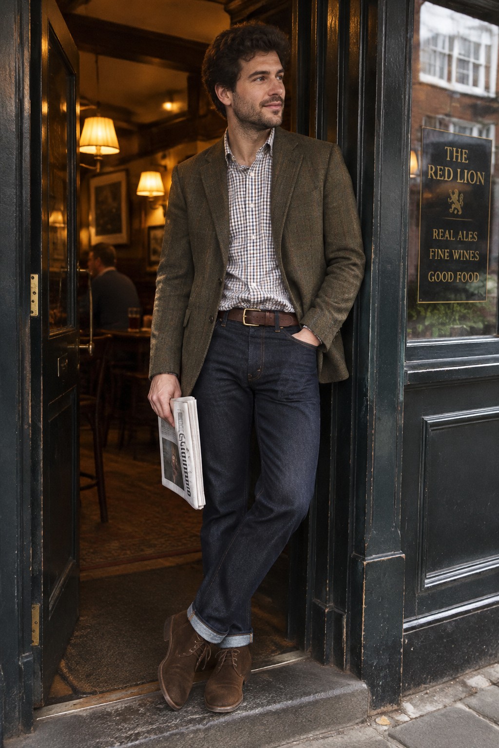 A man wears a brown tweed blazer over a checked shirt with dark cuffed jeans, a brown leather belt, and brown suede lace-up boots.