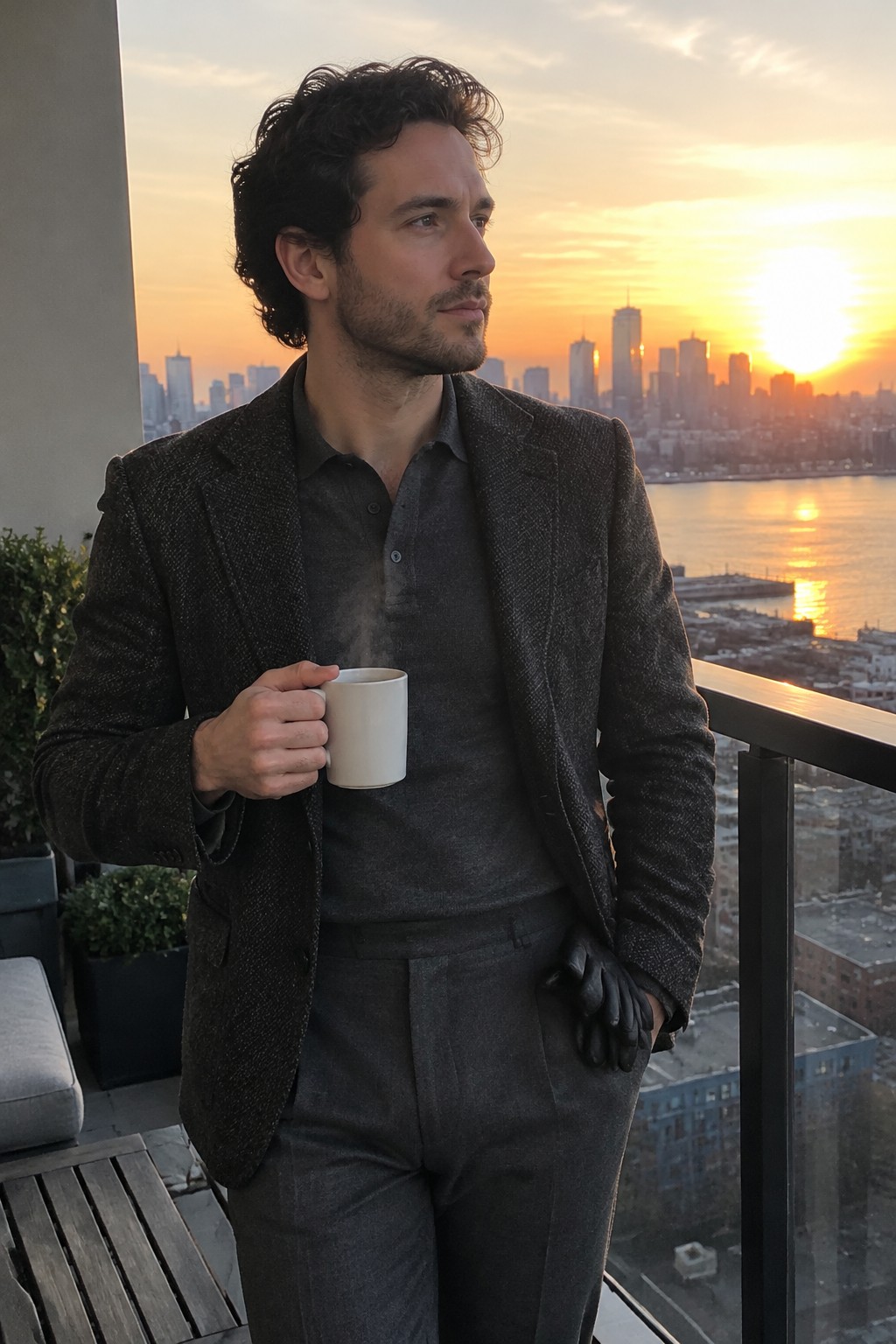 A man wearing a dark tweed blazer over a charcoal polo and matching trousers, holding a white mug with black leather gloves tucked into his pocket.