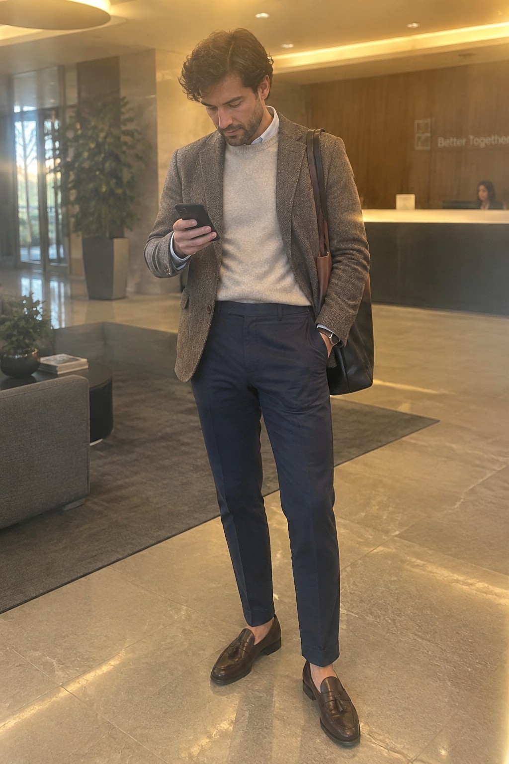 A man wearing a brown tweed blazer over a cream sweater with navy trousers and brown loafers, carrying a black leather shoulder bag and looking at his phone.
