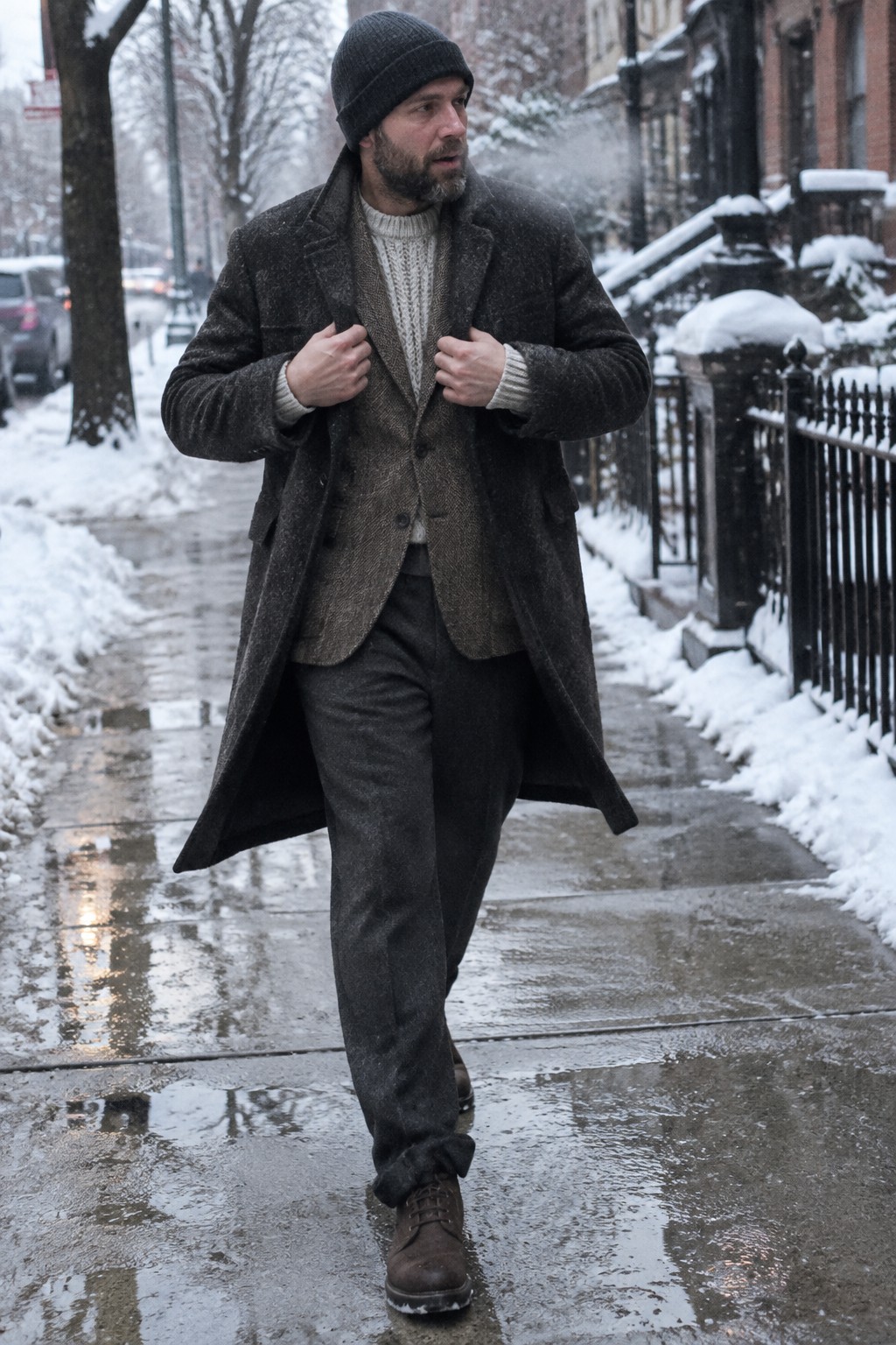 A man wearing a brown tweed blazer over a cream cable-knit sweater, a long dark overcoat, charcoal trousers, a black knit cap, and dark lace-up boots.