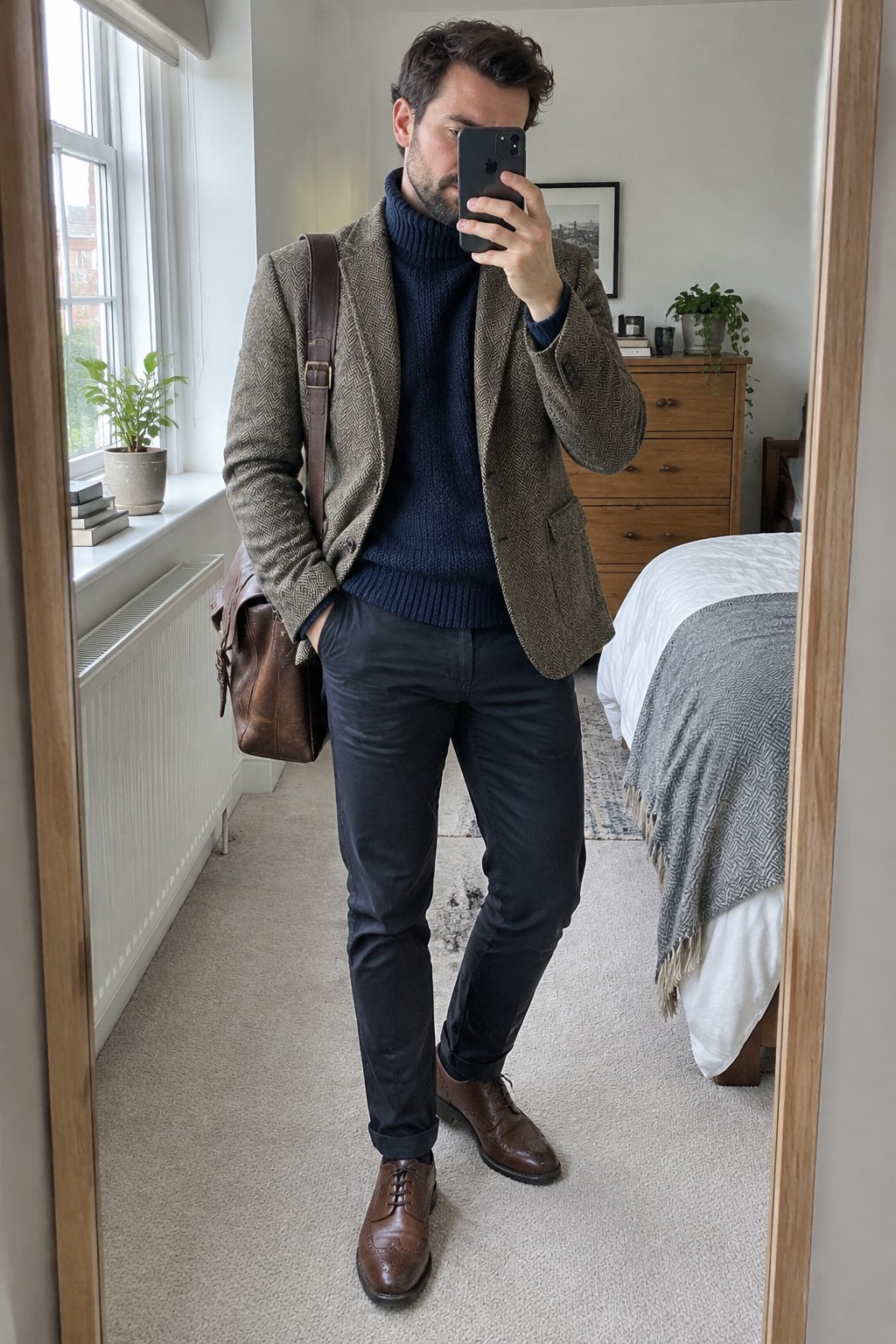 A man wears a brown patterned tweed blazer over a navy roll-neck sweater, dark trousers and brown leather brogues, with a brown leather shoulder bag.