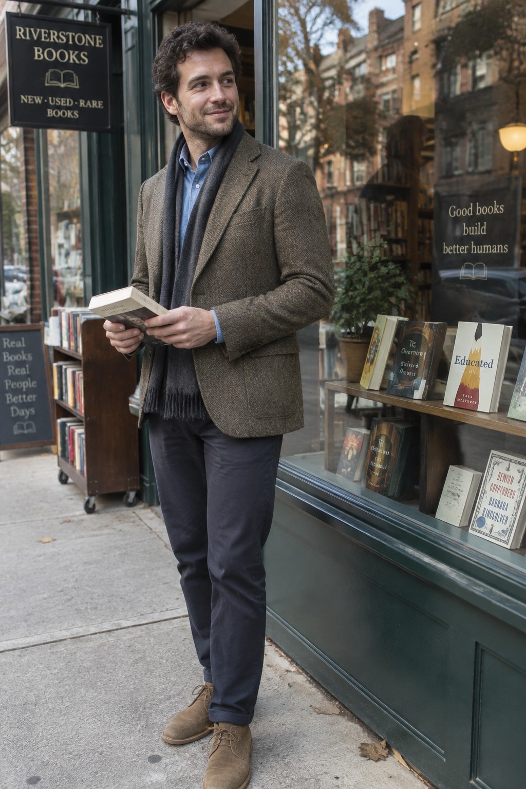 A man wears a brown tweed blazer over a blue button-down shirt and charcoal scarf, with navy trousers and tan suede lace-up boots.