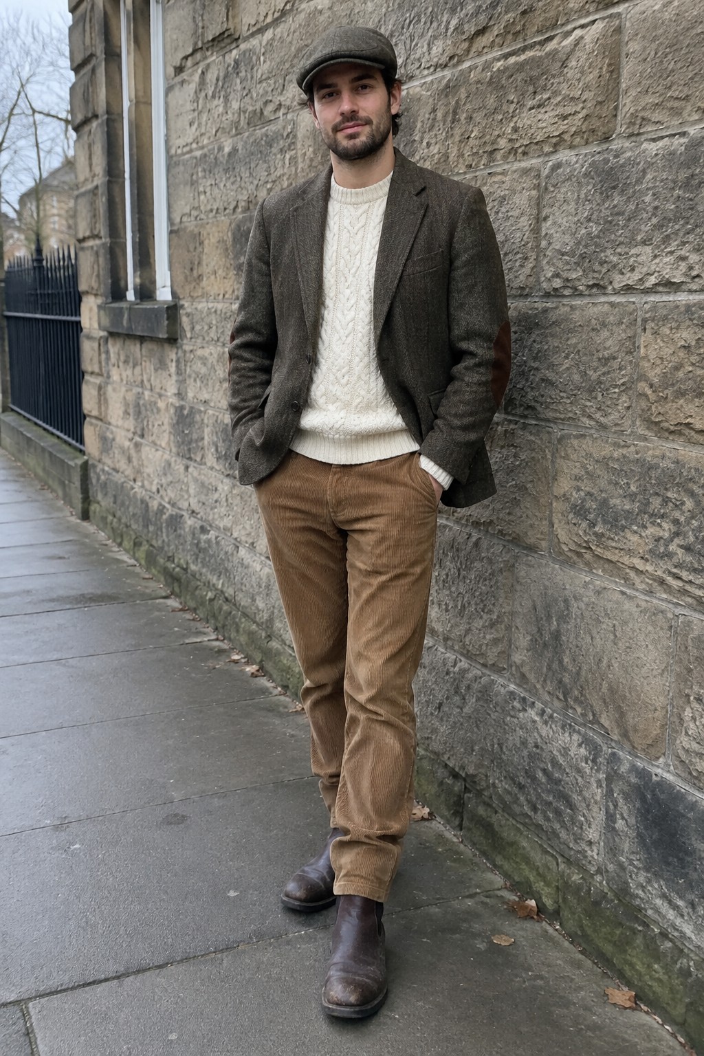 Man wearing a dark tweed blazer over a cream cable-knit sweater, tan corduroy trousers, brown Chelsea boots, and a matching flat cap.