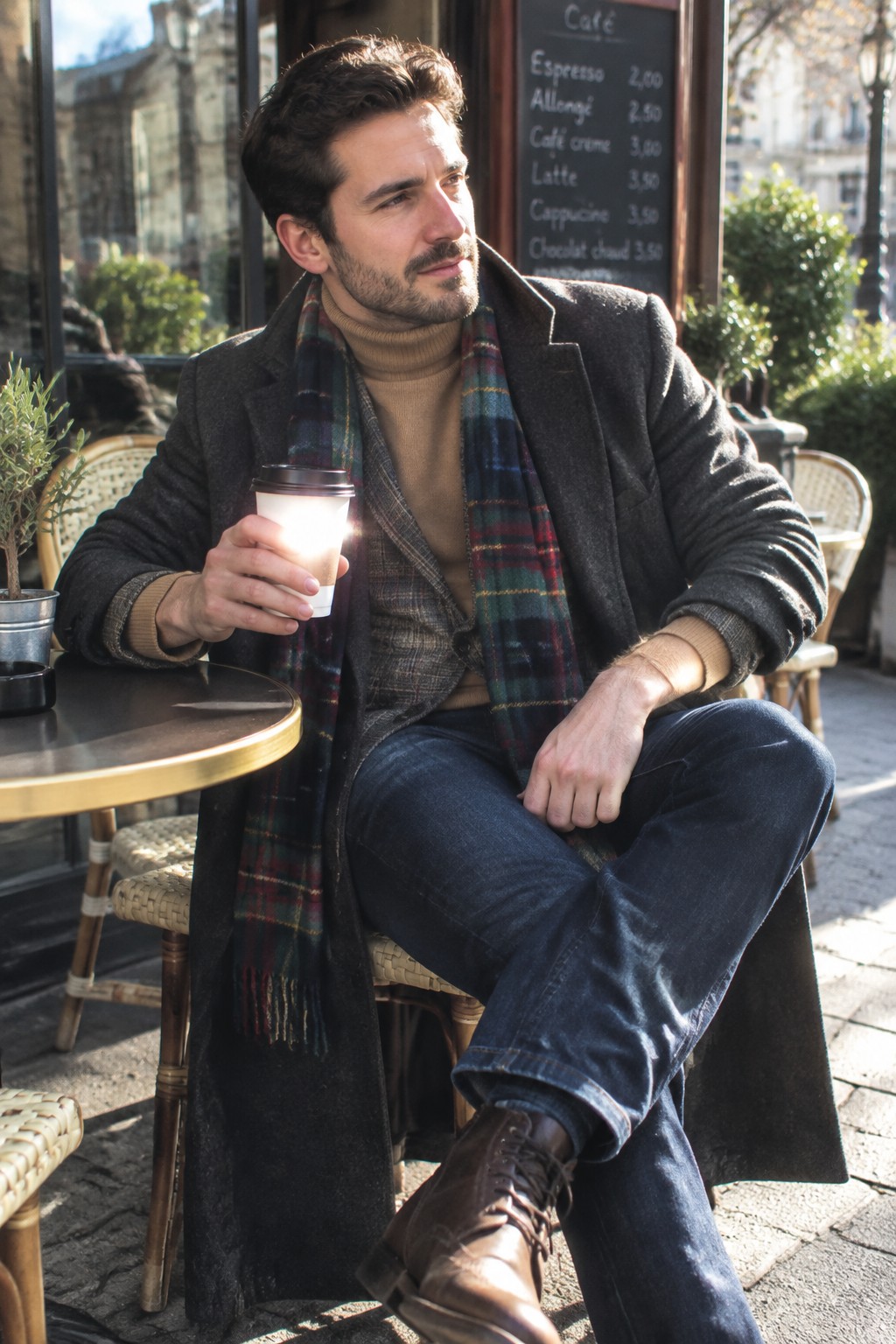 A man seated at a café wearing a brown tweed blazer, charcoal overcoat, camel turtleneck, tartan scarf, dark jeans, and brown leather boots.