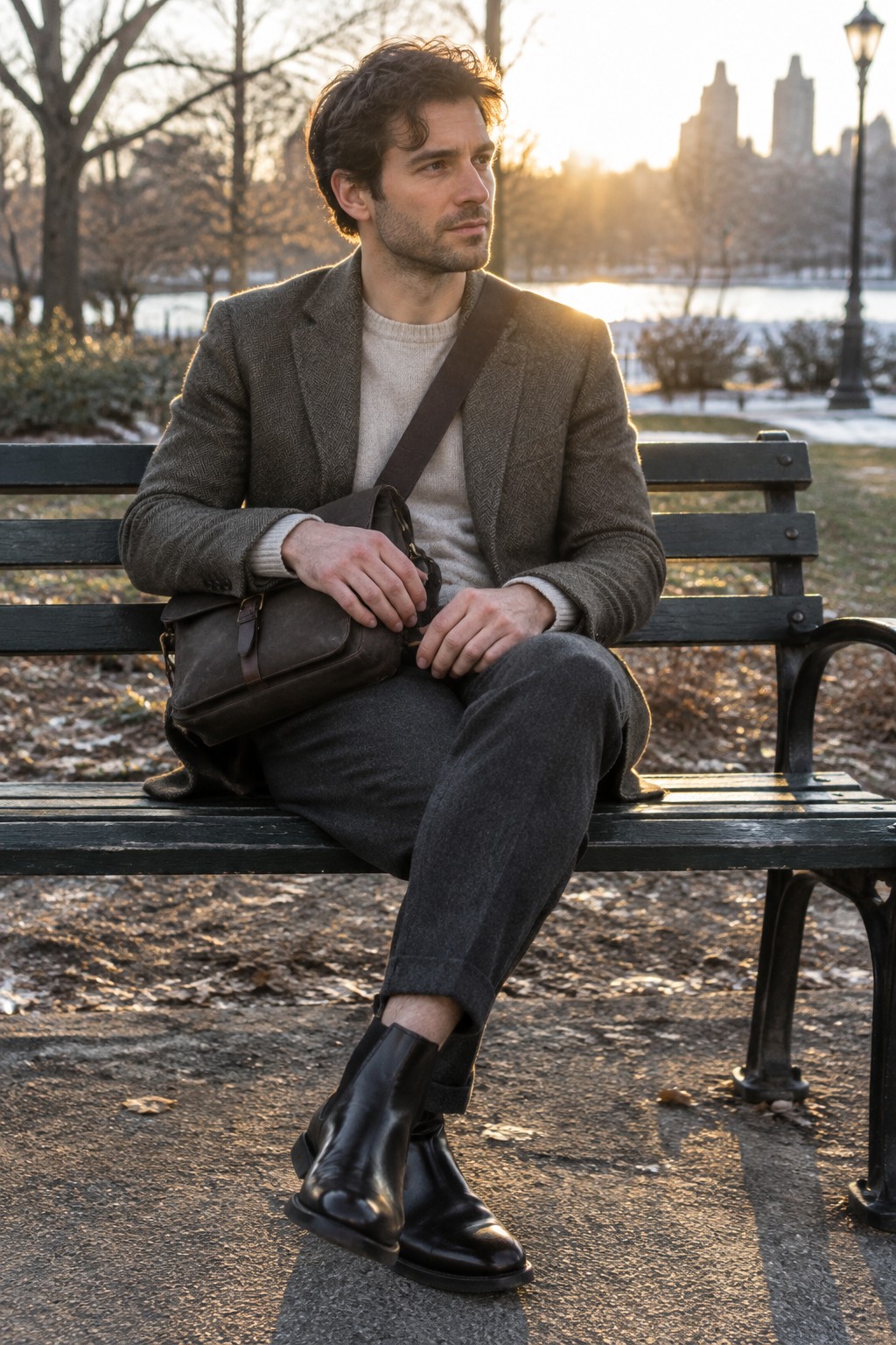 A man wearing a grey-brown tweed blazer, pale grey sweater, charcoal trousers, black Chelsea boots, and a brown leather satchel while seated on a bench.