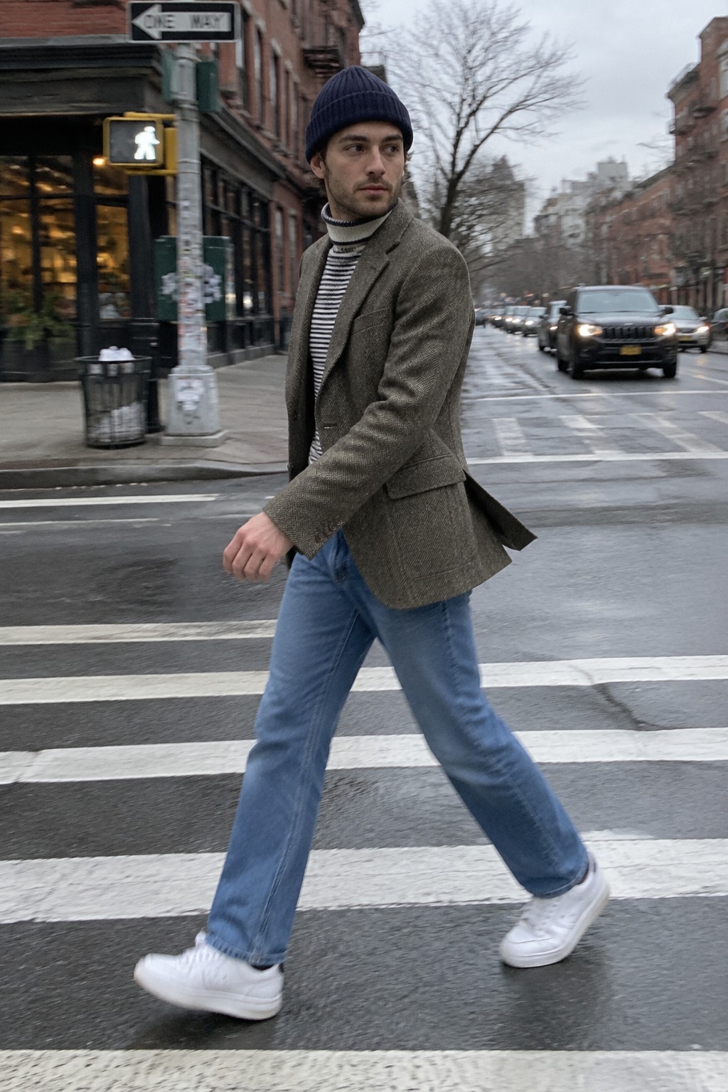 A man wearing an olive-brown tweed blazer over a black-and-white striped sweater, blue jeans, a navy beanie, and white sneakers.