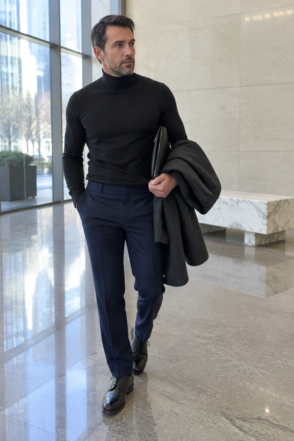 A man wearing a black turtleneck, navy tailored trousers, black leather lace-up boots, and carrying a charcoal overcoat and a slim black portfolio.