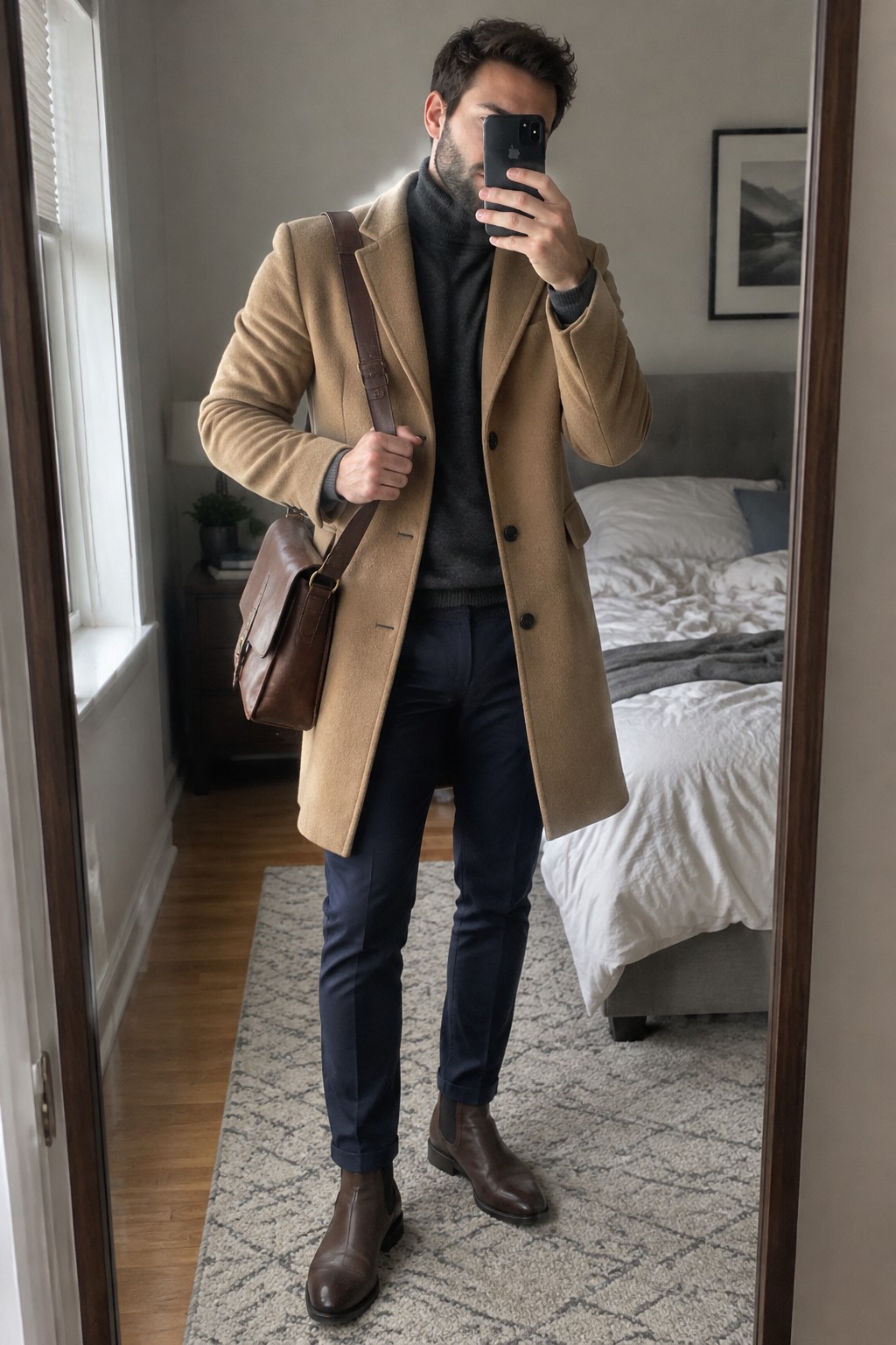 A man wearing a camel overcoat over a charcoal turtleneck, navy trousers, brown Chelsea boots, and a brown leather crossbody satchel.