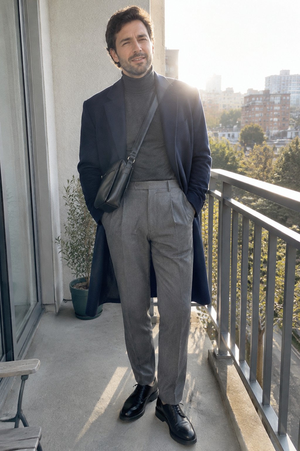 Man wearing a charcoal turtleneck, navy overcoat, gray pleated trousers, black crossbody bag, and black leather lace-up shoes.