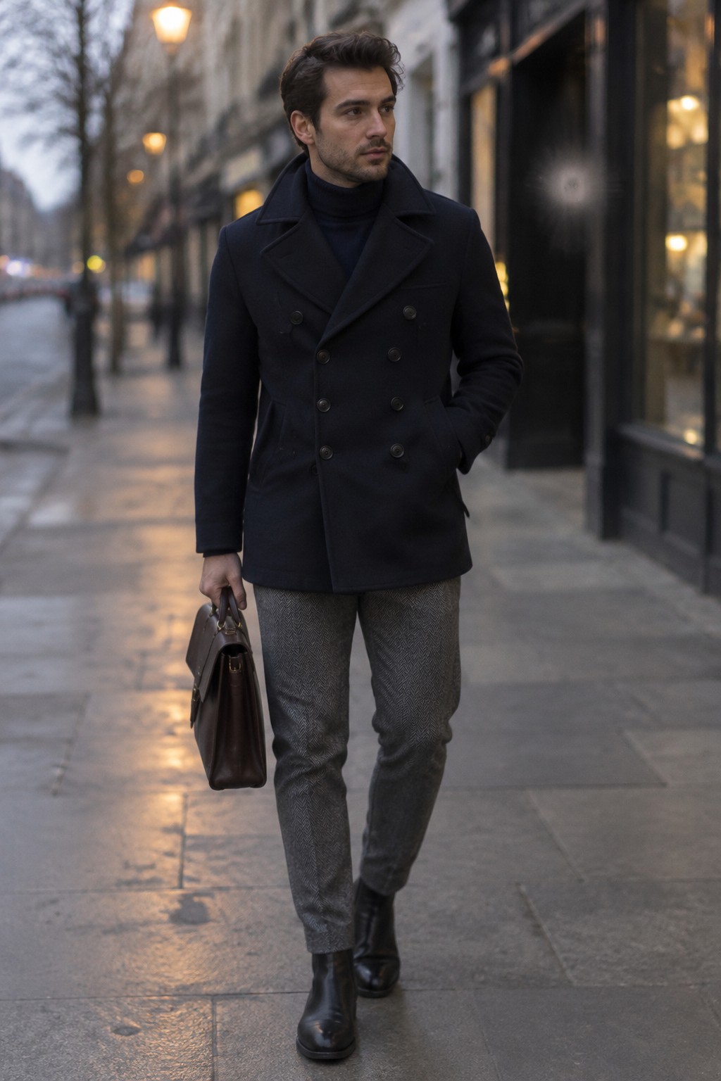 A man wearing a navy double-breasted peacoat over a dark turtleneck, gray herringbone trousers, black ankle boots, and carrying a brown leather briefcase.