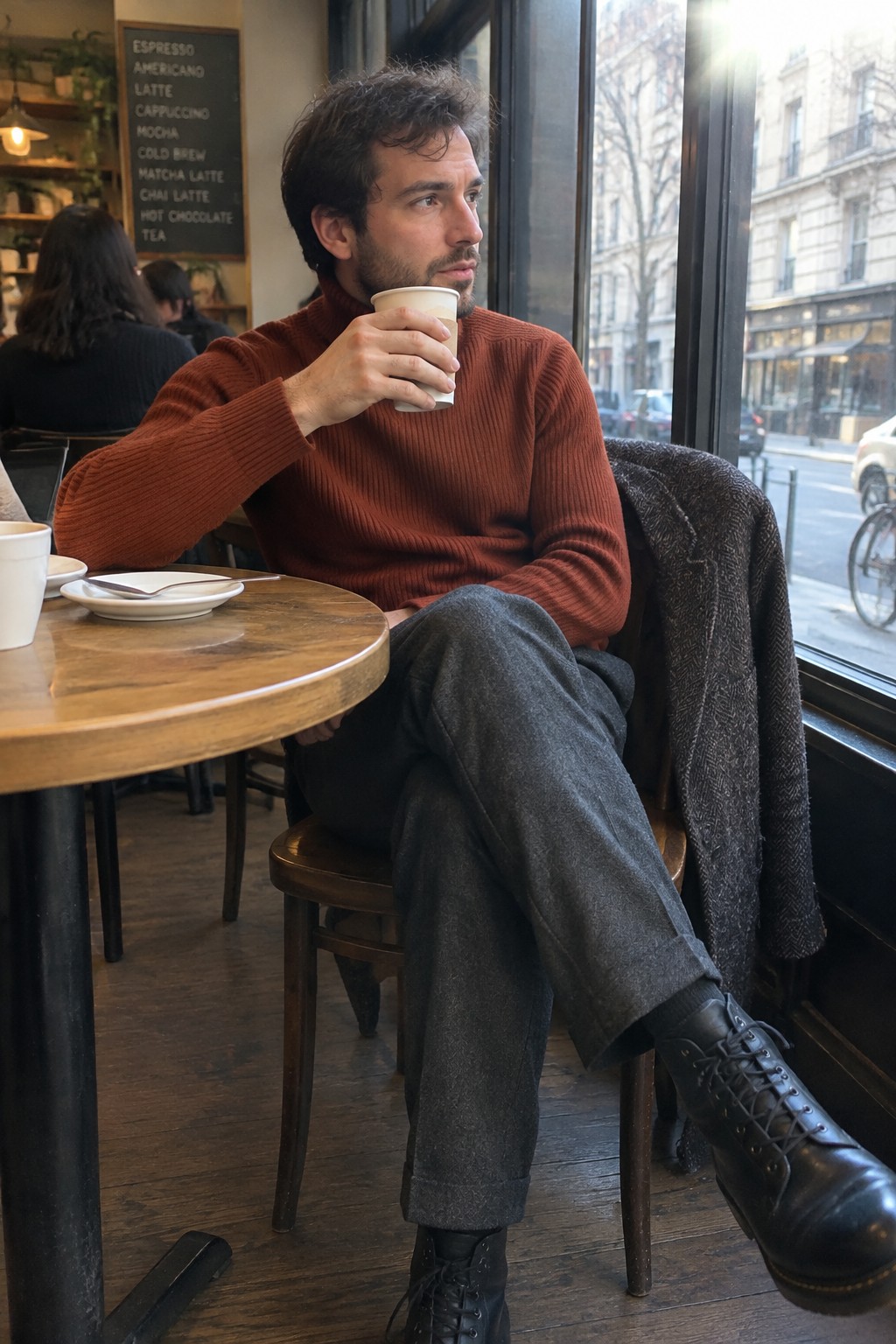 A man wearing a rust ribbed turtleneck, charcoal gray trousers, and black lace-up boots, seated with a dark coat draped beside him.