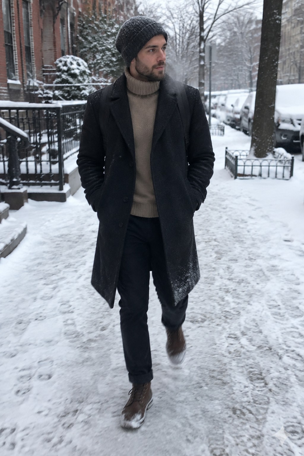 A man wearing a taupe ribbed turtleneck, charcoal overcoat, black beanie and trousers, and brown lace-up boots.