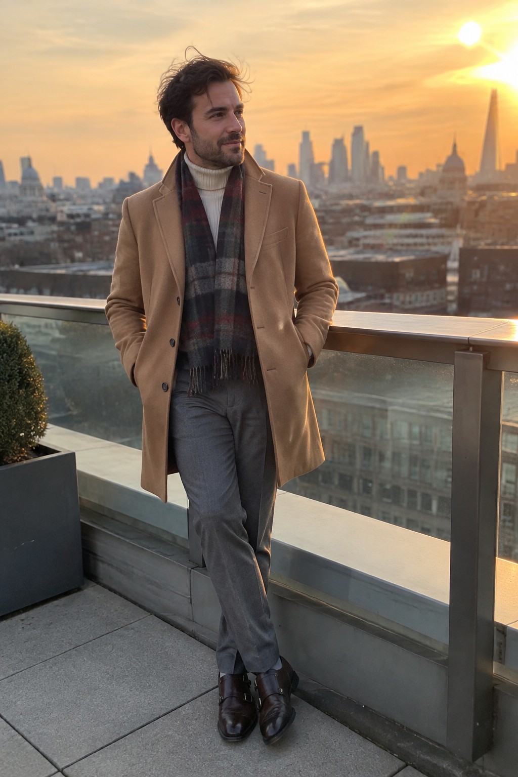 A man in a camel overcoat, cream ribbed turtleneck, dark plaid scarf, gray trousers, and brown double-monk shoes.
