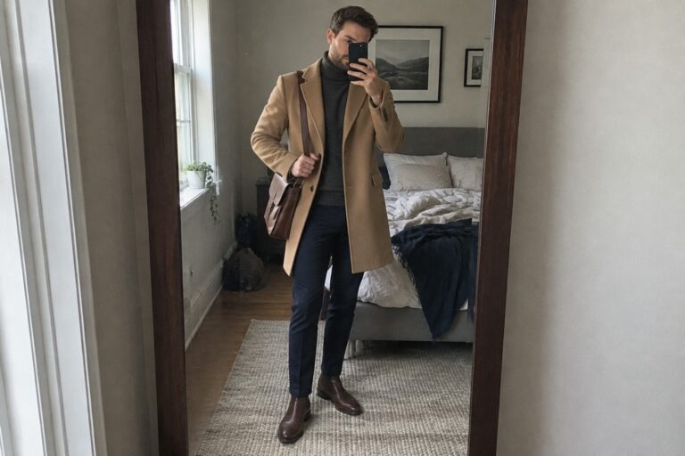 A man wearing a camel overcoat over a charcoal turtleneck, navy trousers, brown Chelsea boots, and a brown leather crossbody satchel.